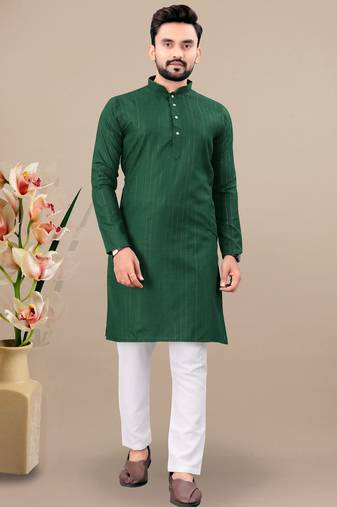 Green cotton lining work straight men's kurta pyjama