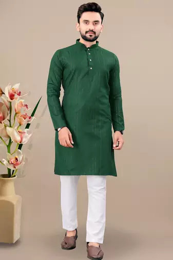 Green cotton lining work straight men's kurta pyjama