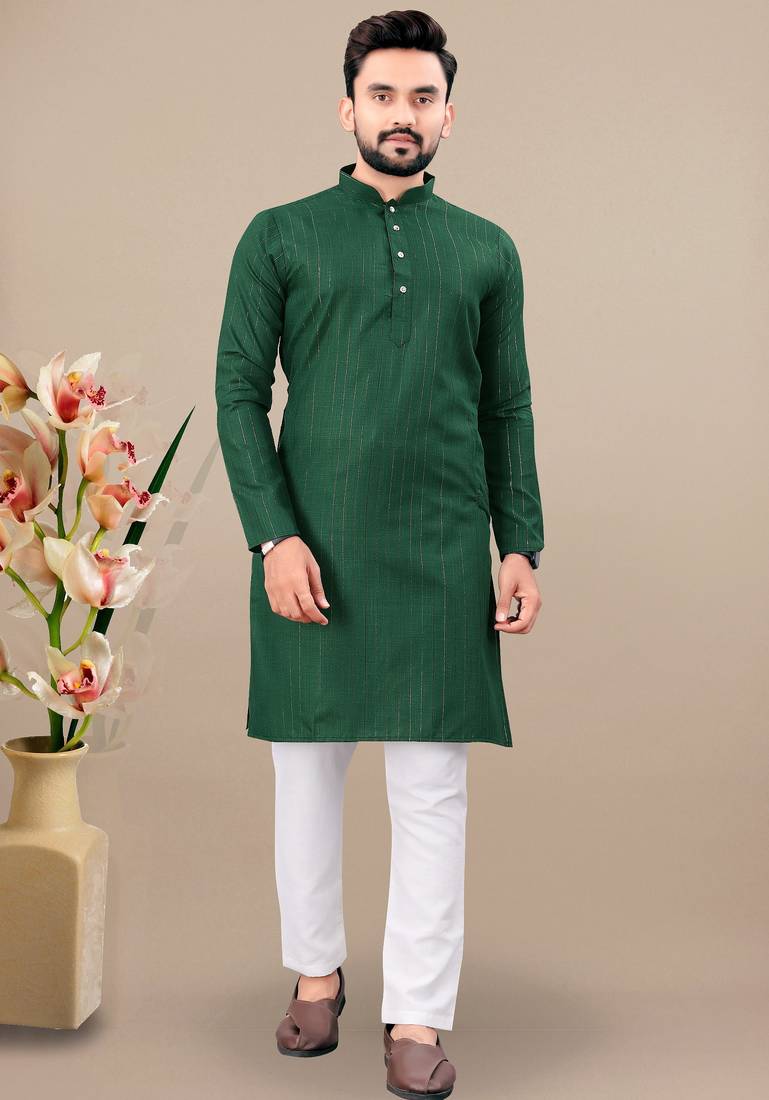 Green cotton lining work straight men's kurta pyjama