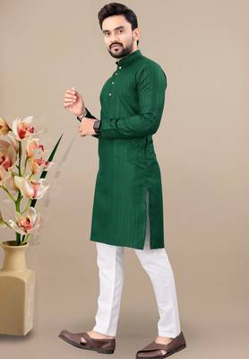 Green cotton lining work straight men's kurta pyjama 2