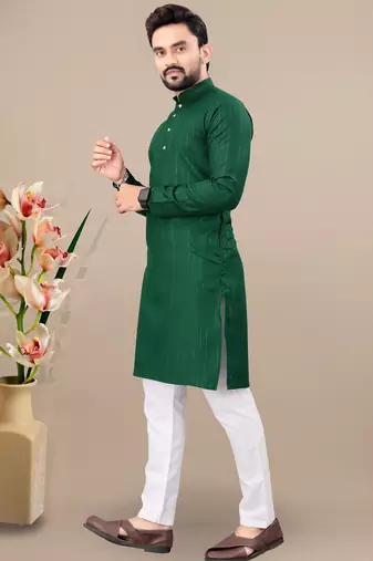Green cotton lining work straight men's kurta pyjama
