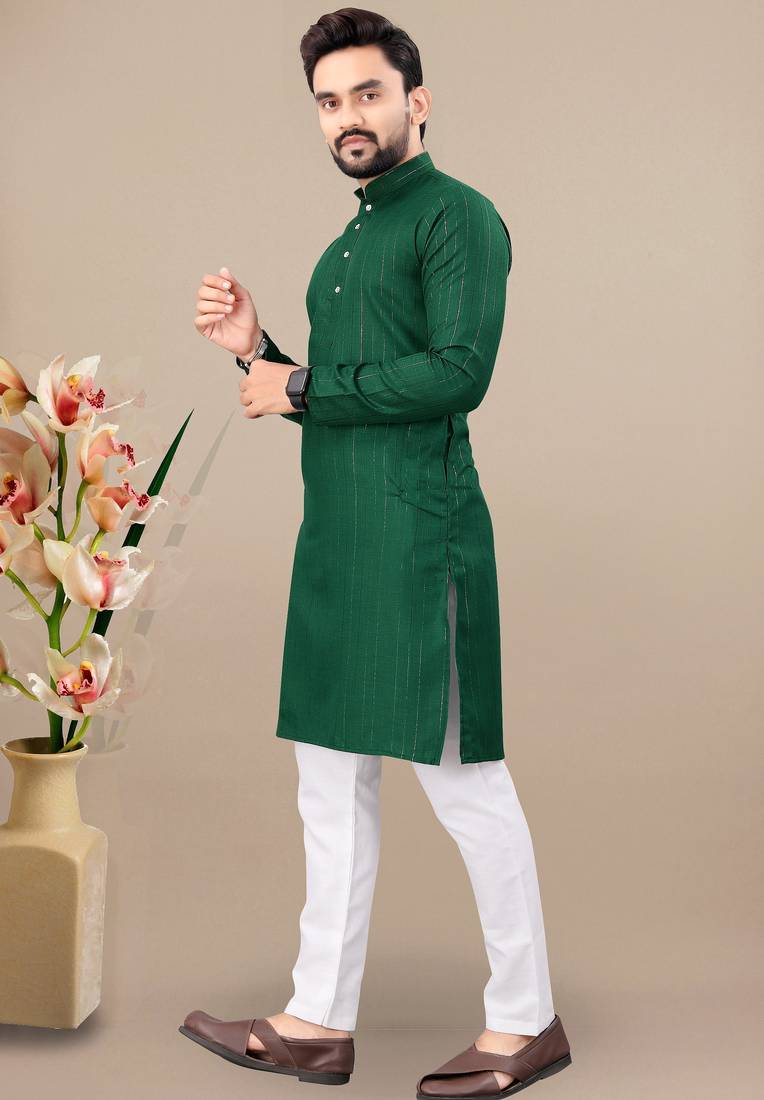 Green cotton lining work straight men's kurta pyjama