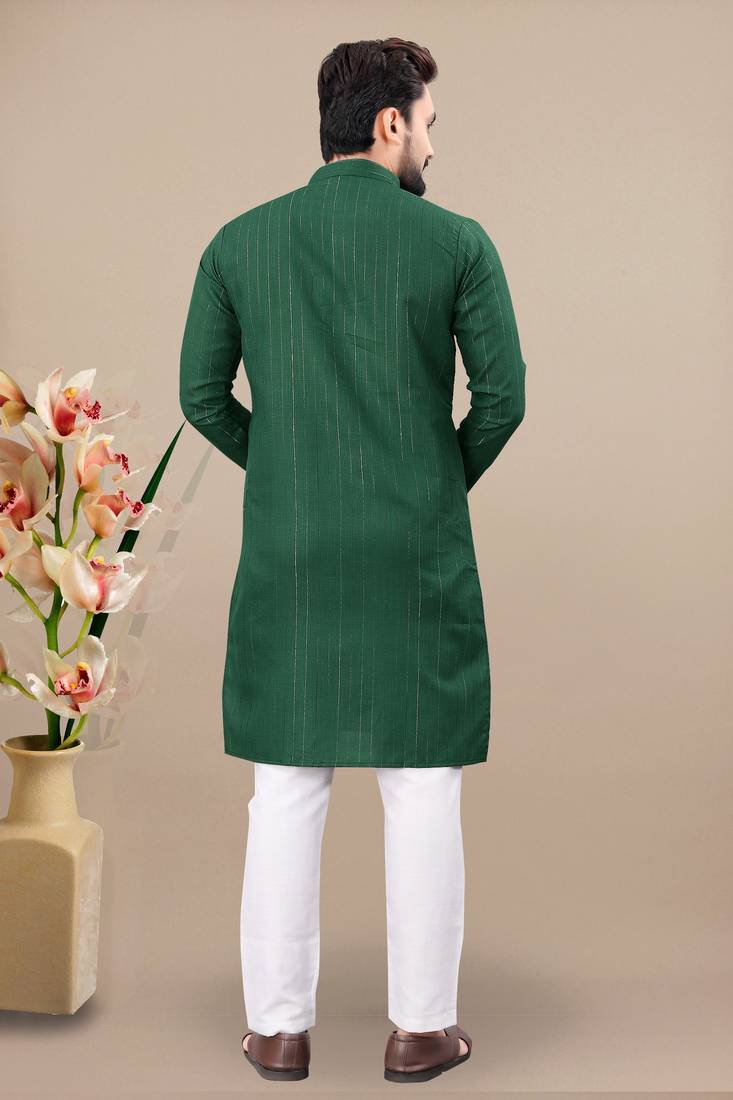 Green cotton lining work straight men's kurta pyjama