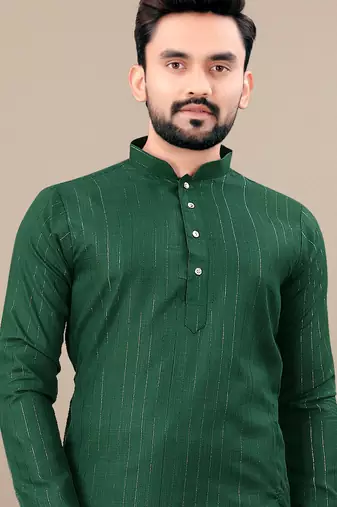 Green cotton lining work straight men's kurta pyjama