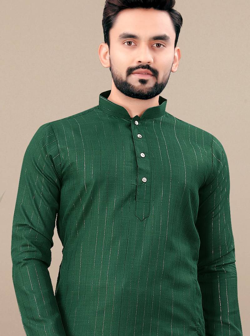 Green cotton lining work straight men's kurta pyjama