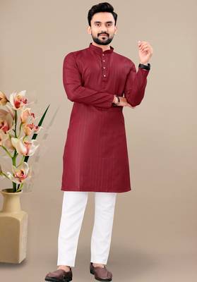 Maroon cotton lining work straight men's kurta pyjama 1