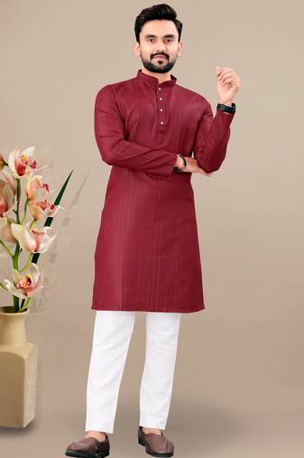 Maroon cotton lining work straight men's kurta pyjama
