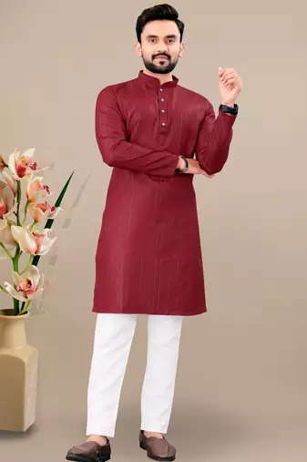 Maroon cotton lining work straight men's kurta pyjama