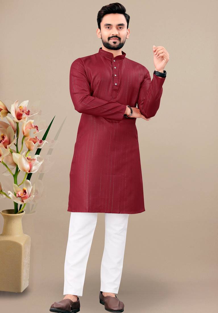 Maroon cotton lining work straight men's kurta pyjama