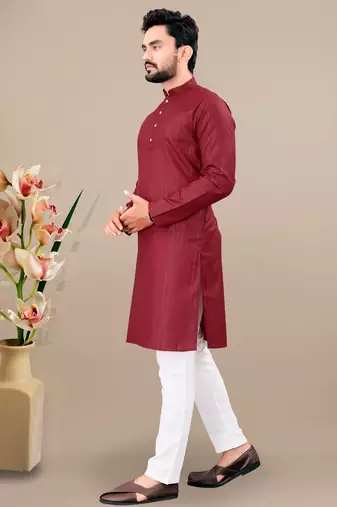 Maroon cotton lining work straight men's kurta pyjama