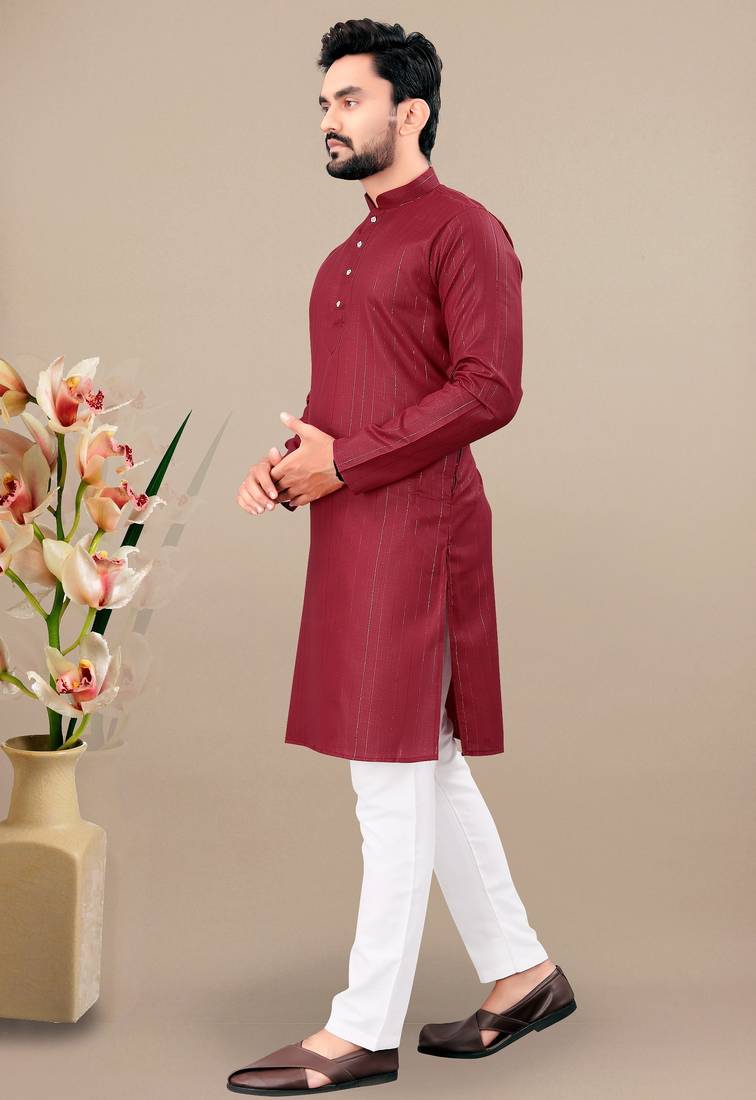 Maroon cotton lining work straight men's kurta pyjama
