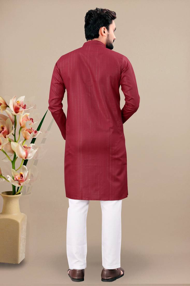 Maroon cotton lining work straight men's kurta pyjama