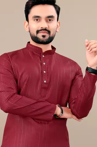 Maroon cotton lining work straight men's kurta pyjama