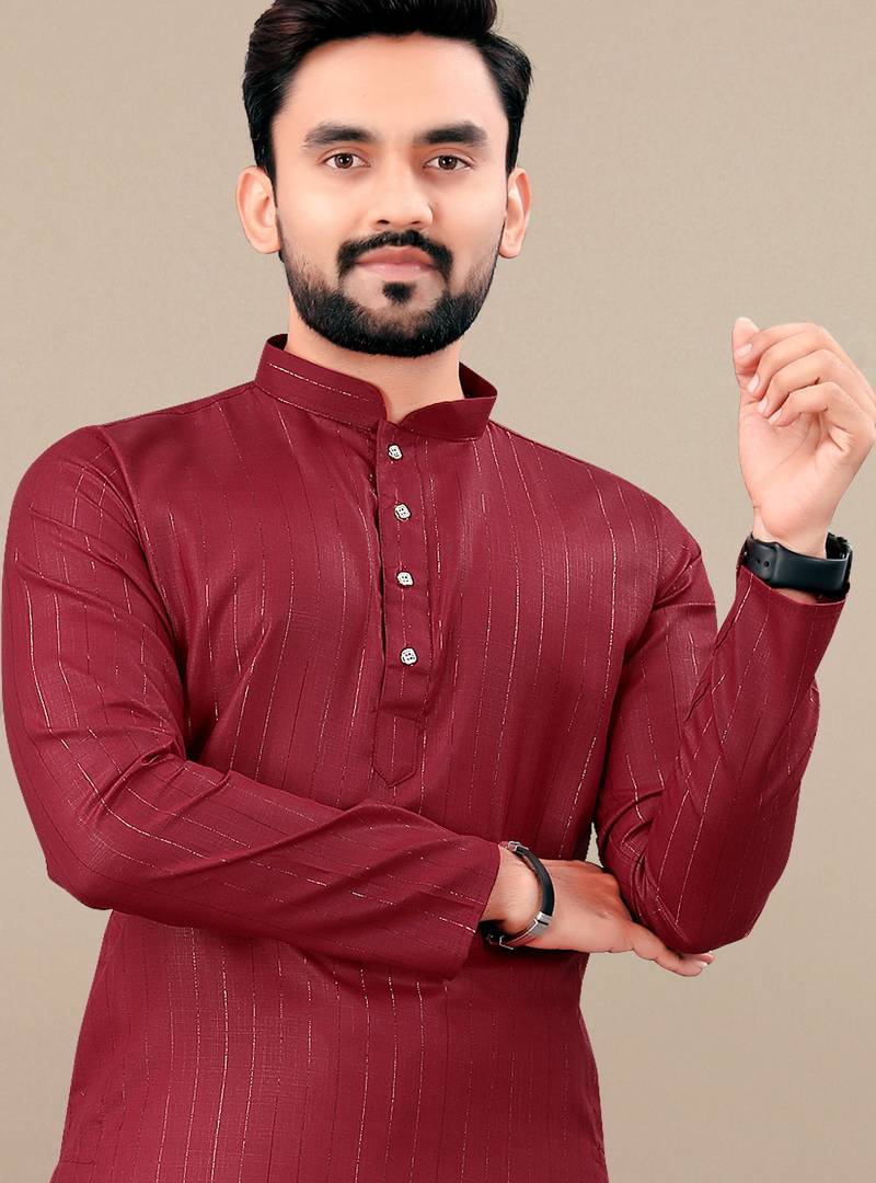 Maroon cotton lining work straight men's kurta pyjama
