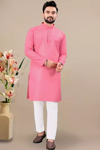 Pink cotton lining work straight men's kurta pyjama