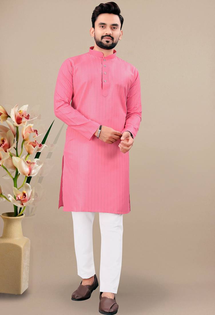 Pink cotton lining work straight men's kurta pyjama