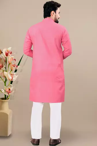 Pink cotton lining work straight men's kurta pyjama