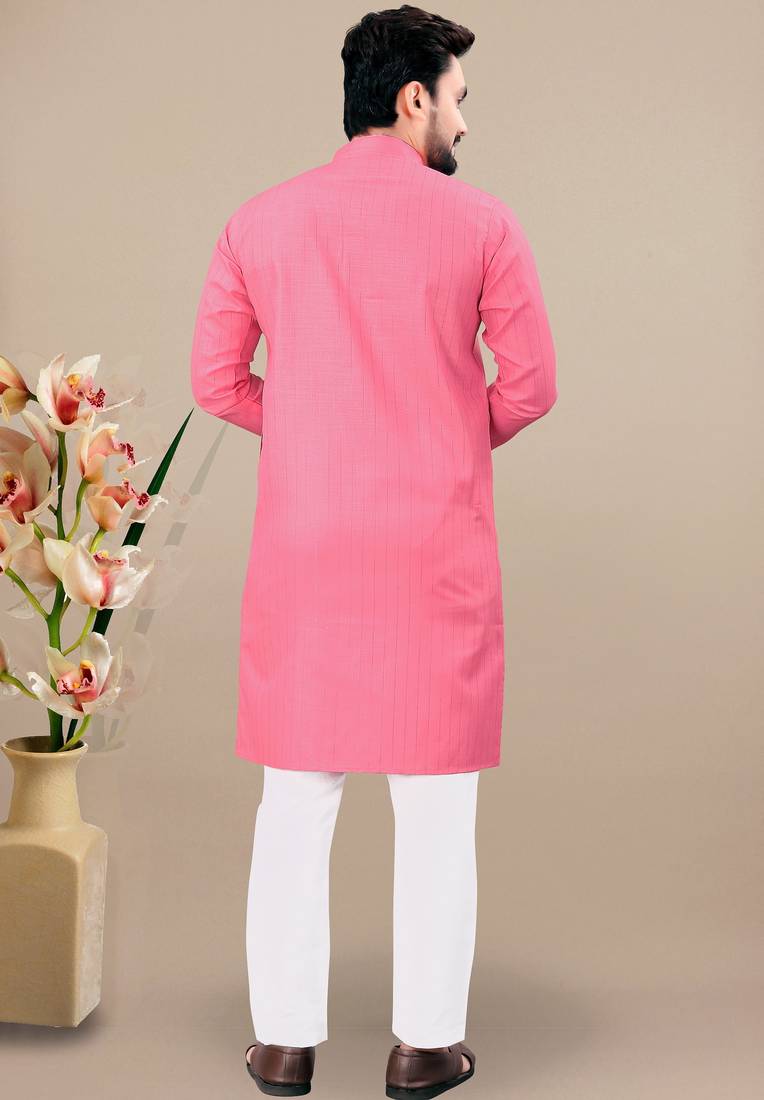 Pink cotton lining work straight men's kurta pyjama