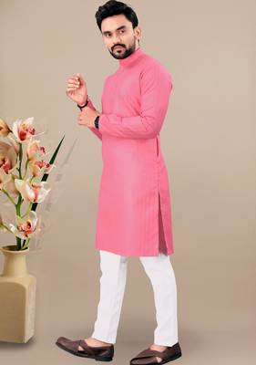 Pink cotton lining work straight men's kurta pyjama 3