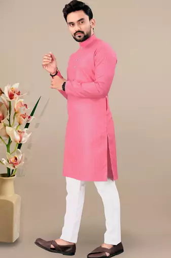Pink cotton lining work straight men's kurta pyjama