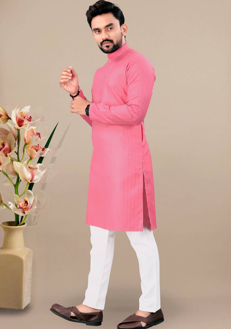 Pink cotton lining work straight men's kurta pyjama