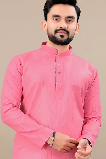 Pink cotton lining work straight men's kurta pyjama