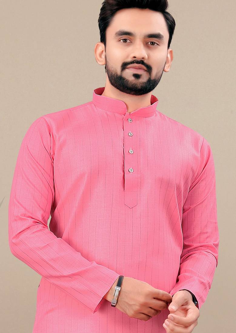 Pink cotton lining work straight men's kurta pyjama