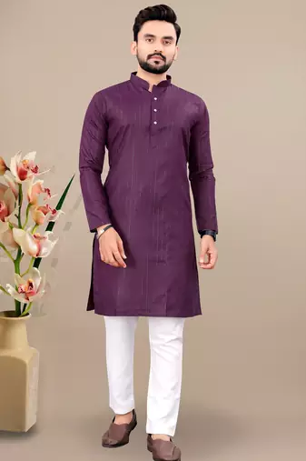 Wine cotton lining work straight men's kurta pyjama