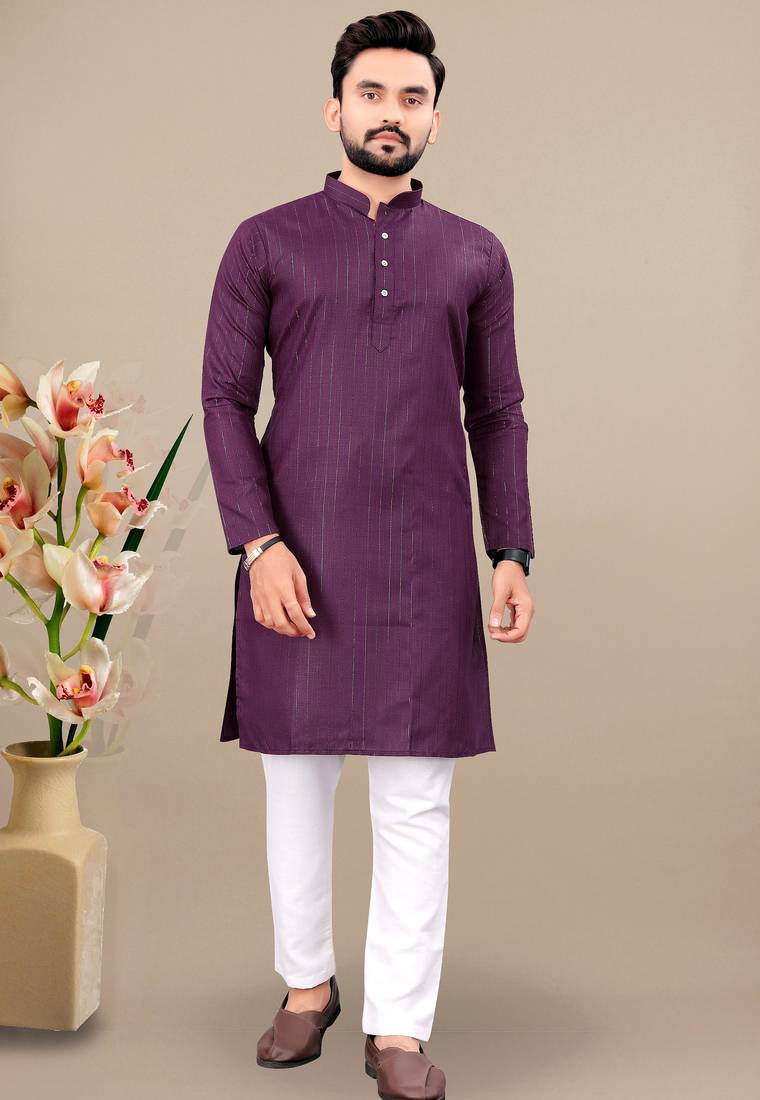 Wine cotton lining work straight men's kurta pyjama