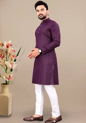 Wine cotton lining work straight men's kurta pyjama 2