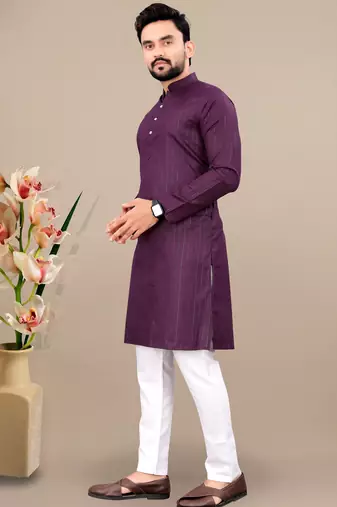 Wine cotton lining work straight men's kurta pyjama