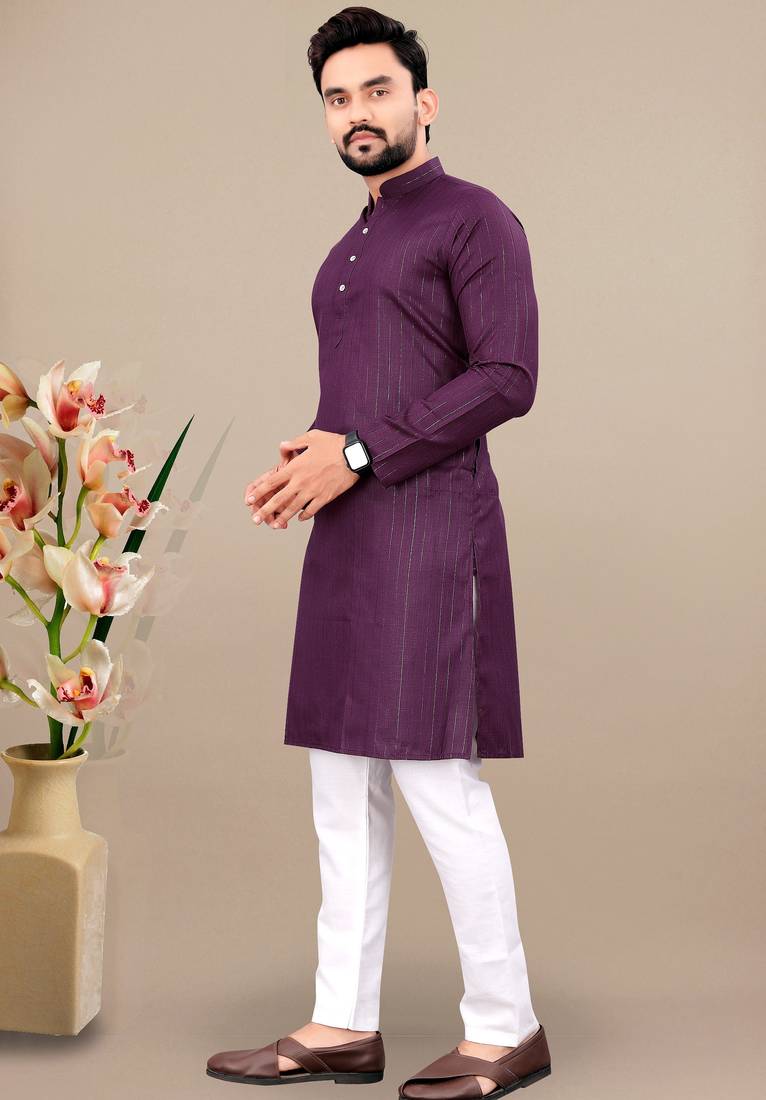 Wine cotton lining work straight men's kurta pyjama