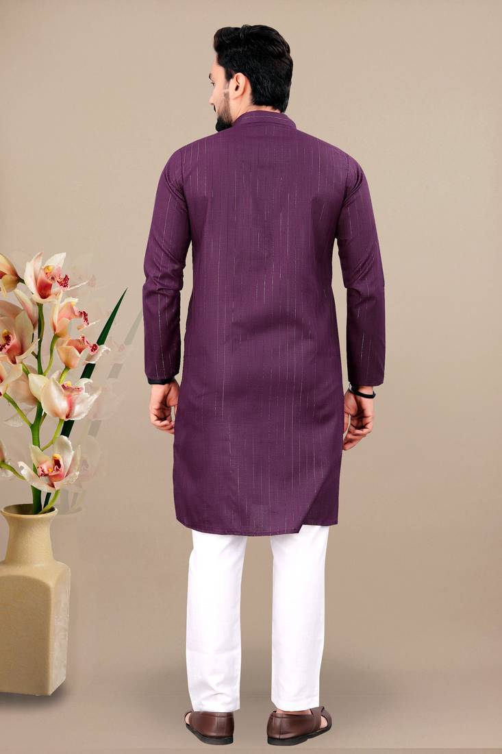 Wine cotton lining work straight men's kurta pyjama
