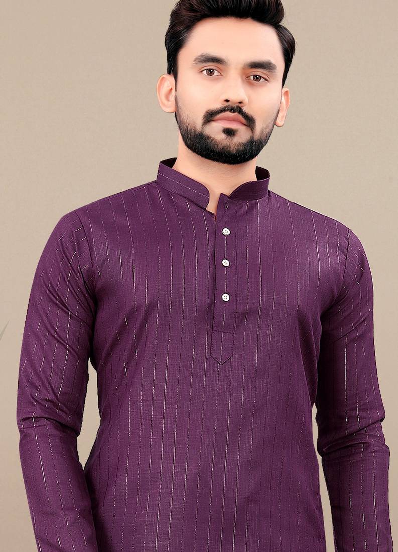 Wine cotton lining work straight men's kurta pyjama