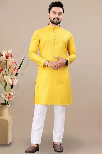 Yellow cotton lining work straight men's kurta pyjama
