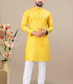 Yellow cotton lining work straight men's kurta pyjama