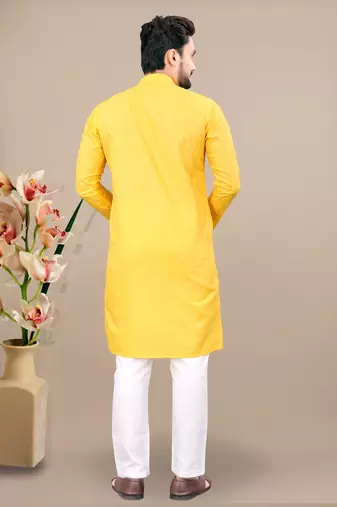 Yellow cotton lining work straight men's kurta pyjama
