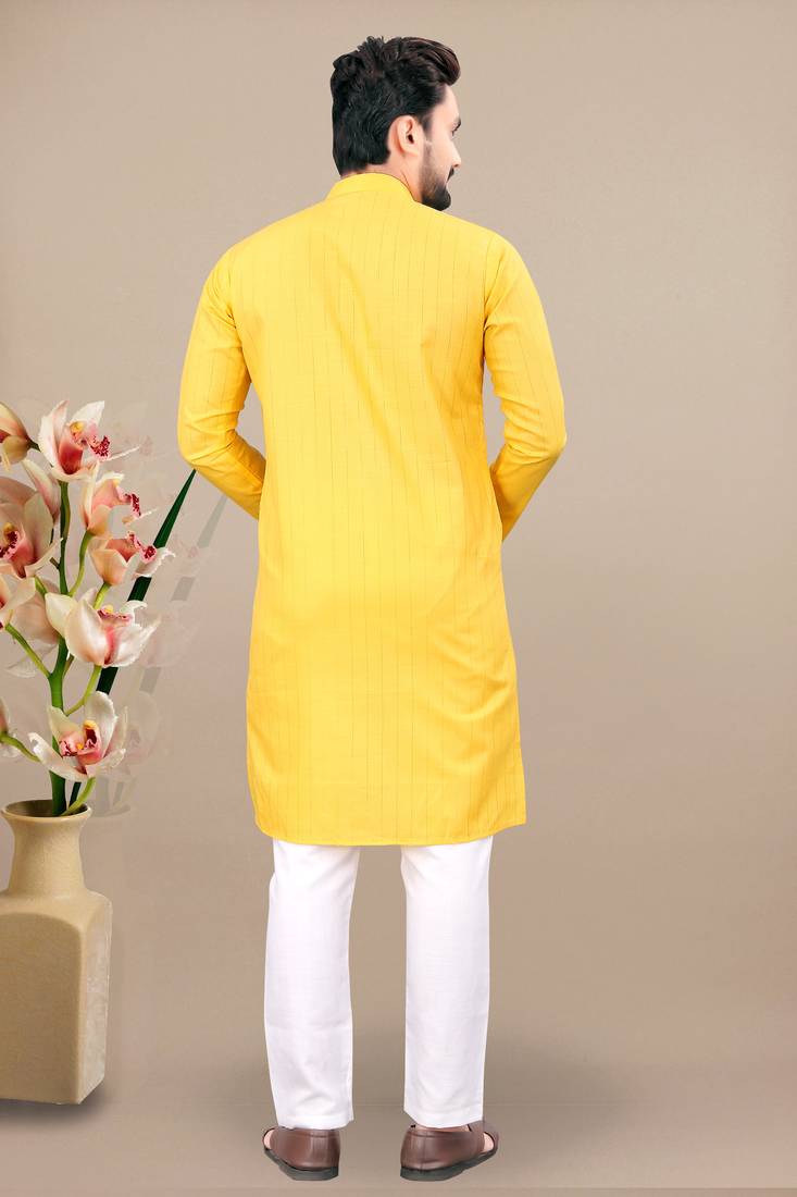 Yellow cotton lining work straight men's kurta pyjama