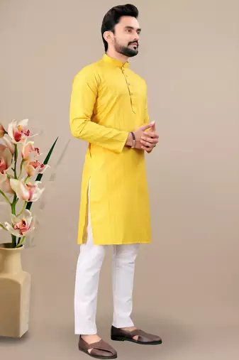 Yellow cotton lining work straight men's kurta pyjama