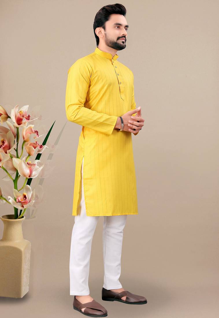 Yellow cotton lining work straight men's kurta pyjama