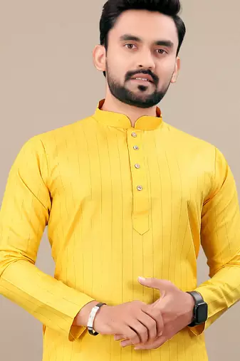 Yellow cotton lining work straight men's kurta pyjama