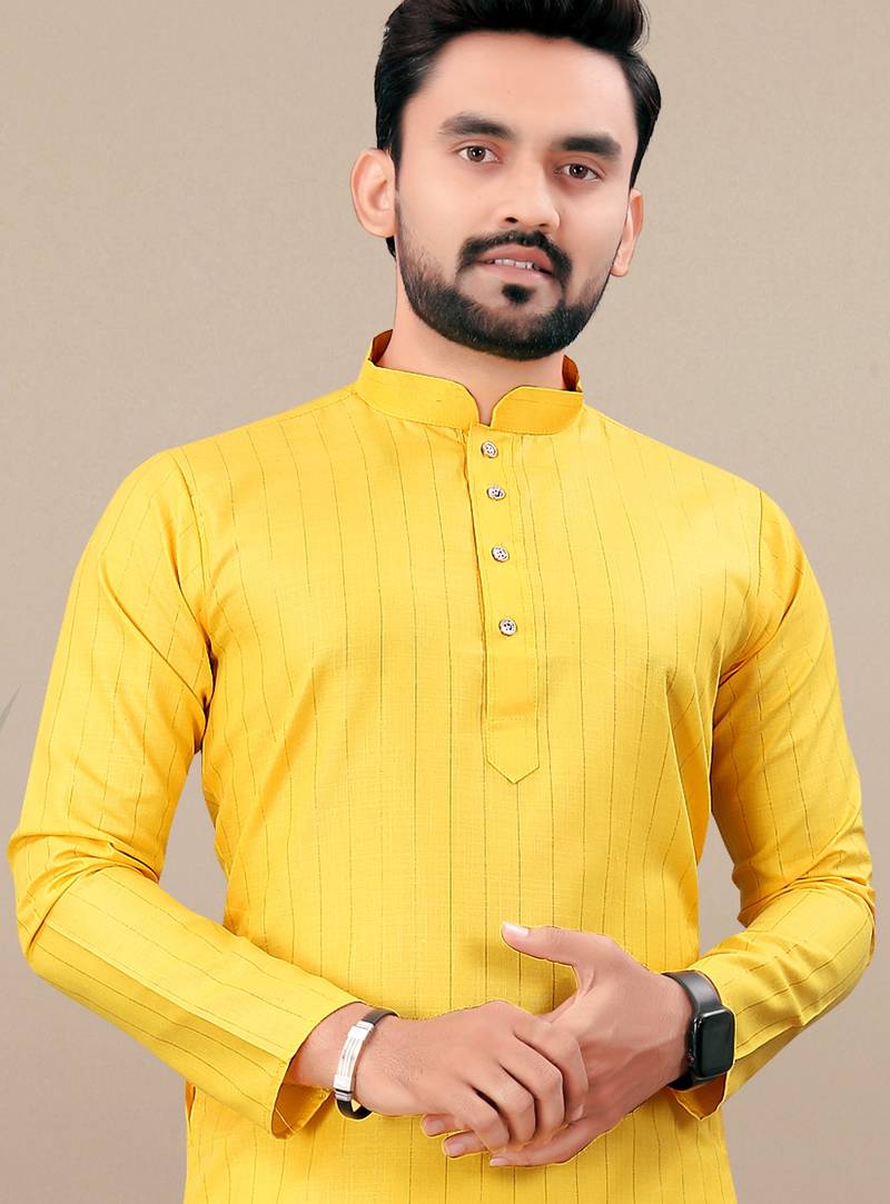 Yellow cotton lining work straight men's kurta pyjama