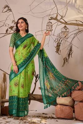 green linen cotton saree with digital patola print 1