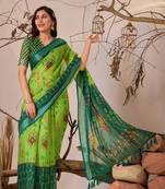 Premium Linen Cotton Saree with Elegant Digital Print With Blouse Set