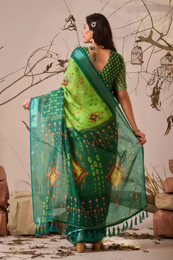 green linen cotton saree with digital patola print