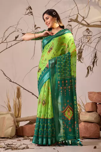 green linen cotton saree with digital patola print