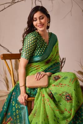 green linen cotton saree with digital patola print 4
