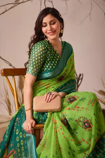 green linen cotton saree with digital patola print