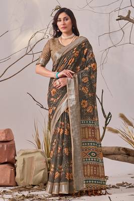 brown linen cotton saree with floral printed design 1