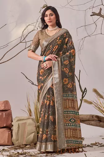 Linen Cotton Saree with Beautiful floral pattern With Blouse Set